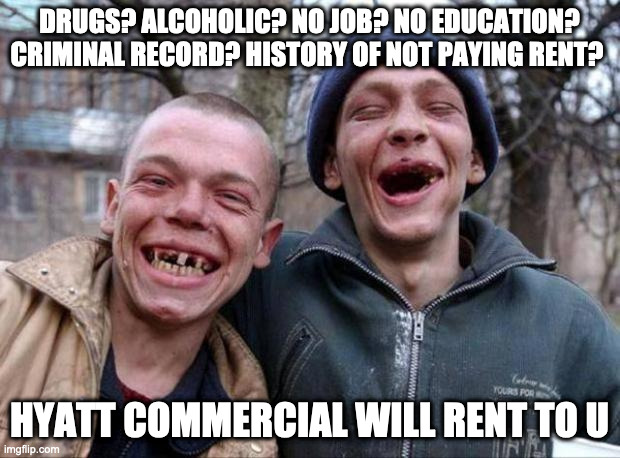 hyatt commercial | DRUGS? ALCOHOLIC? NO JOB? NO EDUCATION? CRIMINAL RECORD? HISTORY OF NOT PAYING RENT? HYATT COMMERCIAL WILL RENT TO U | image tagged in no teeth,mayo apartments | made w/ Imgflip meme maker
