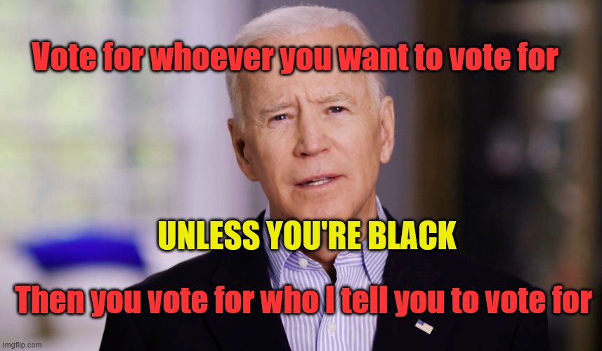 Plantation leader has spoken | Vote for whoever you want to vote for; UNLESS YOU'RE BLACK; Then you vote for who I tell you to vote for | image tagged in joe biden 2020,racist,democrat | made w/ Imgflip meme maker