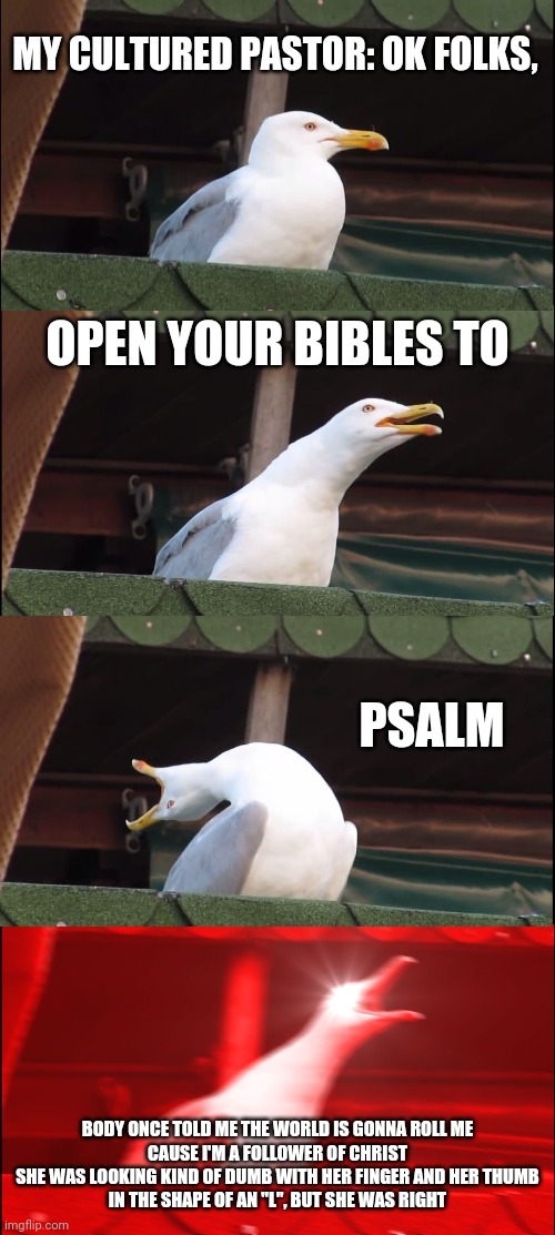 Comment if you want me to do a full parody! | MY CULTURED PASTOR: OK FOLKS, OPEN YOUR BIBLES TO; PSALM; BODY ONCE TOLD ME THE WORLD IS GONNA ROLL ME
CAUSE I'M A FOLLOWER OF CHRIST
SHE WAS LOOKING KIND OF DUMB WITH HER FINGER AND HER THUMB
IN THE SHAPE OF AN "L", BUT SHE WAS RIGHT | image tagged in memes,inhaling seagull | made w/ Imgflip meme maker