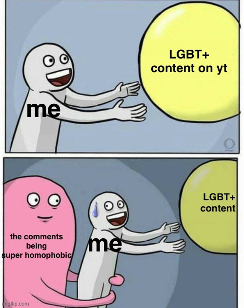 grabbing ball | LGBT+ content on yt; me; LGBT+ content; me; the comments being super homophobic | image tagged in grabbing ball,me_irlgbt | made w/ Imgflip meme maker