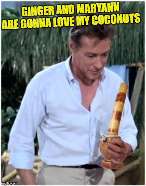 The Professor makes his greatest coconut invention yet... |  GINGER AND MARYANN ARE GONNA LOVE MY COCONUTS | image tagged in professor coconut bong,gilligans island,proffessor,ginger,maryanne,isle | made w/ Imgflip meme maker