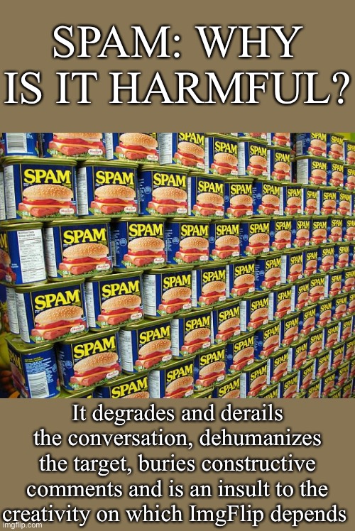 Why spam is properly considered a TOS violation and is just as bad as other forms of toxic hate. | SPAM: WHY IS IT HARMFUL? It degrades and derails the conversation, dehumanizes the target, buries constructive comments and is an insult to the creativity on which ImgFlip depends | image tagged in spam delicous,terms and conditions,spam,spammers,hate,toxic | made w/ Imgflip meme maker