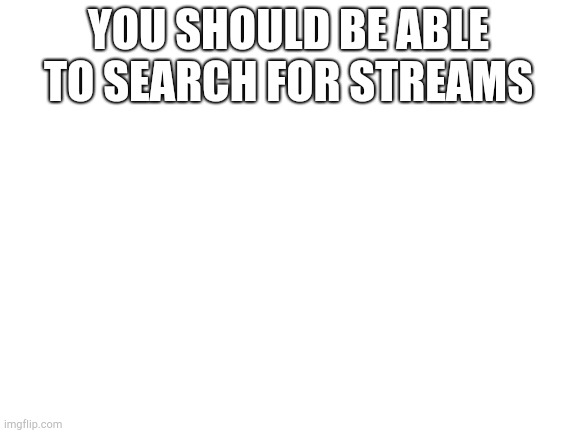 There should be | YOU SHOULD BE ABLE TO SEARCH FOR STREAMS | image tagged in blank white template | made w/ Imgflip meme maker
