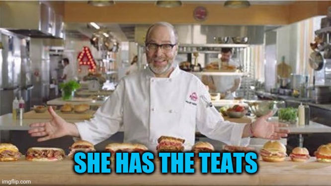 Arby's man | SHE HAS THE TEATS | image tagged in arby's man | made w/ Imgflip meme maker