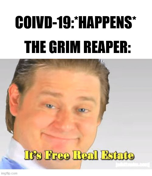 it's free real esrate | COIVD-19:*HAPPENS*; THE GRIM REAPER: | image tagged in it's free real estate,coronavirus,corona virus,coronavirus meme | made w/ Imgflip meme maker