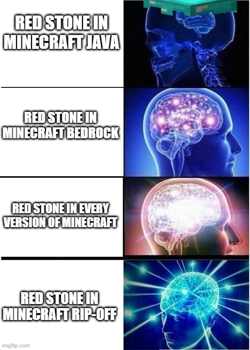 Expanding Brain Meme | RED STONE IN MINECRAFT JAVA; RED STONE IN MINECRAFT BEDROCK; RED STONE IN EVERY VERSION OF MINECRAFT; RED STONE IN MINECRAFT RIP-OFF | image tagged in memes,expanding brain | made w/ Imgflip meme maker