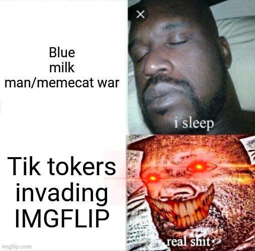 E | Blue milk man/memecat war; Tik tokers invading IMGFLIP | image tagged in sleeping shaq | made w/ Imgflip meme maker