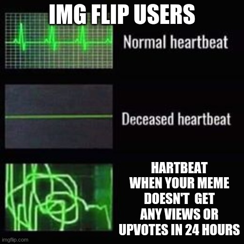 heartbeat rate | IMG FLIP USERS; HARTBEAT WHEN YOUR MEME DOESN'T  GET ANY VIEWS OR UPVOTES IN 24 HOURS | image tagged in heartbeat rate | made w/ Imgflip meme maker