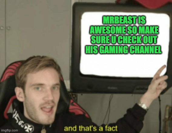 and that's a fact | MRBEAST IS AWESOME SO MAKE SURE U CHECK OUT HIS GAMING CHANNEL | image tagged in and that's a fact | made w/ Imgflip meme maker
