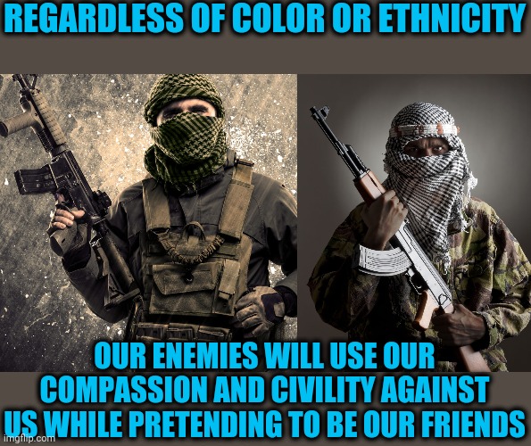 America will be destroyed from within | REGARDLESS OF COLOR OR ETHNICITY; OUR ENEMIES WILL USE OUR COMPASSION AND CIVILITY AGAINST US WHILE PRETENDING TO BE OUR FRIENDS | image tagged in widespread idiocy | made w/ Imgflip meme maker