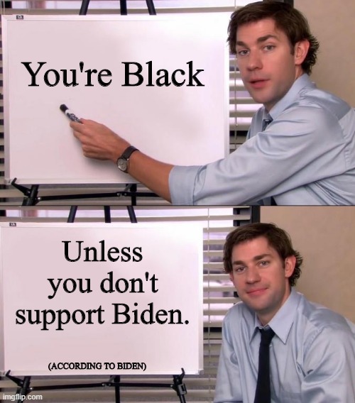 You're Black, unless... | You're Black; Unless you don't support Biden. (ACCORDING TO BIDEN) | image tagged in jim halpert explains,black,blexit,vote | made w/ Imgflip meme maker