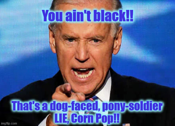 You ain't black!! That's a dog-faced, pony-soldier
LIE, Corn Pop!! | image tagged in biden,dog-faced,pony-soldier,corn pop,ain't black | made w/ Imgflip meme maker