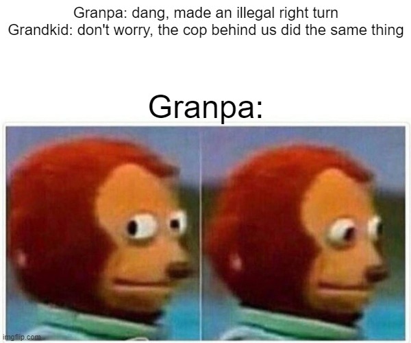 Monkey Puppet Meme | Granpa: dang, made an illegal right turn

Grandkid: don't worry, the cop behind us did the same thing; Granpa: | image tagged in memes,monkey puppet | made w/ Imgflip meme maker