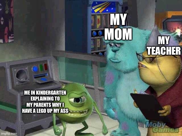 I’m not gay. | MY MOM; MY TEACHER; ME IN KINDERGARTEN EXPLAINING TO MY PARENTS WHY I HAVE A LEGO UP MY ASS | image tagged in mike wazowski trying to explain | made w/ Imgflip meme maker