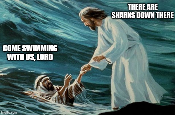 THERE ARE SHARKS DOWN THERE; COME SWIMMING WITH US, LORD | image tagged in jesus | made w/ Imgflip meme maker