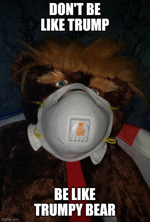 Trumpy bear says stay safe | DON'T BE LIKE TRUMP; BE LIKE TRUMPY BEAR | image tagged in donald trump,face mask,covid-19 | made w/ Imgflip meme maker