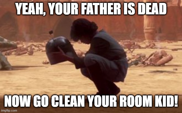 Poor Boba | YEAH, YOUR FATHER IS DEAD; NOW GO CLEAN YOUR ROOM KID! | image tagged in boba fett | made w/ Imgflip meme maker