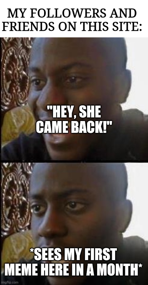 Disappointed Black Guy |  MY FOLLOWERS AND FRIENDS ON THIS SITE:; "HEY, SHE CAME BACK!"; *SEES MY FIRST MEME HERE IN A MONTH* | image tagged in disappointed black guy | made w/ Imgflip meme maker