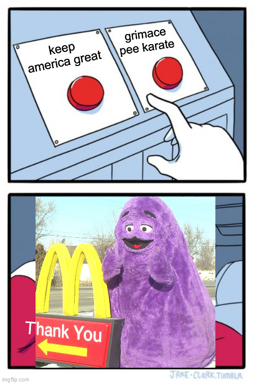 Two Buttons Meme | grimace pee karate; keep america great; T | image tagged in memes,two buttons,keep america great,grimace,karate,anagram | made w/ Imgflip meme maker