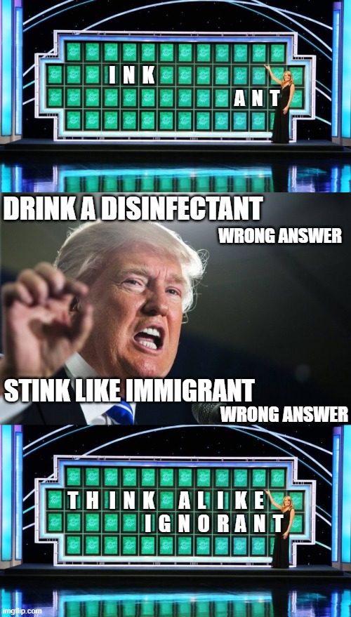 Wheel of stupids answers | I  N  K; A  N  T; DRINK A DISINFECTANT; WRONG ANSWER; STINK LIKE IMMIGRANT; WRONG ANSWER; T  H; I  N  K; A  L   I   K  E; A  N  T; I  G  N  O  R | image tagged in donald trump,wheel of fortune,stupidity,dumb,trump wall,coronavirus | made w/ Imgflip meme maker