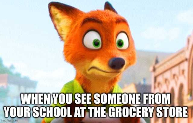 Zootopia Nick Awkward |  WHEN YOU SEE SOMEONE FROM YOUR SCHOOL AT THE GROCERY STORE | image tagged in zootopia nick awkward | made w/ Imgflip meme maker