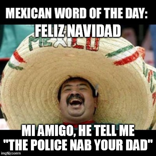 Feliz Navidad | FELIZ NAVIDAD; MI AMIGO, HE TELL ME "THE POLICE NAB YOUR DAD" | image tagged in mexican word of the day | made w/ Imgflip meme maker