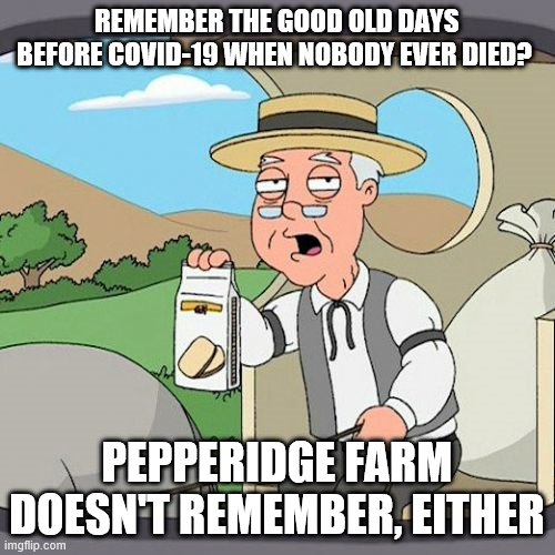 Pepperidge Farm Remembers | REMEMBER THE GOOD OLD DAYS BEFORE COVID-19 WHEN NOBODY EVER DIED? PEPPERIDGE FARM DOESN'T REMEMBER, EITHER | image tagged in memes,pepperidge farm remembers | made w/ Imgflip meme maker