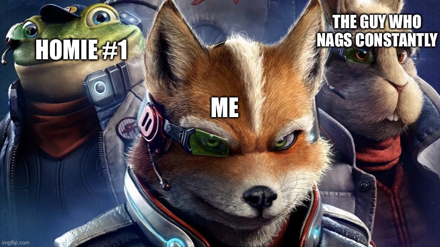 My roster | THE GUY WHO NAGS CONSTANTLY; HOMIE #1; ME | image tagged in star fox | made w/ Imgflip meme maker