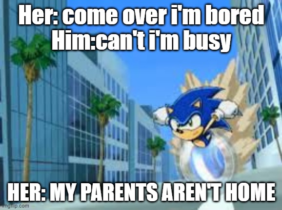 Sonic meme | Her: come over i'm bored
Him:can't i'm busy; HER: MY PARENTS AREN'T HOME | image tagged in sonic meme,funny memes,dead memes | made w/ Imgflip meme maker