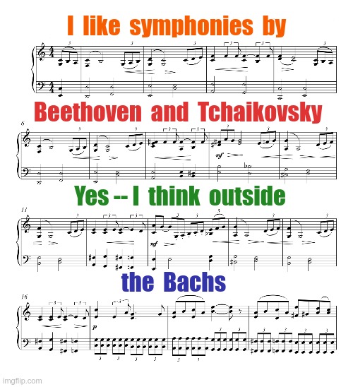 Something of Note | I  like  symphonies  by; Beethoven  and  Tchaikovsky; Yes -- I  think  outside; the  Bachs | image tagged in classical music,bach,beethoven,rick75230,bad puns | made w/ Imgflip meme maker