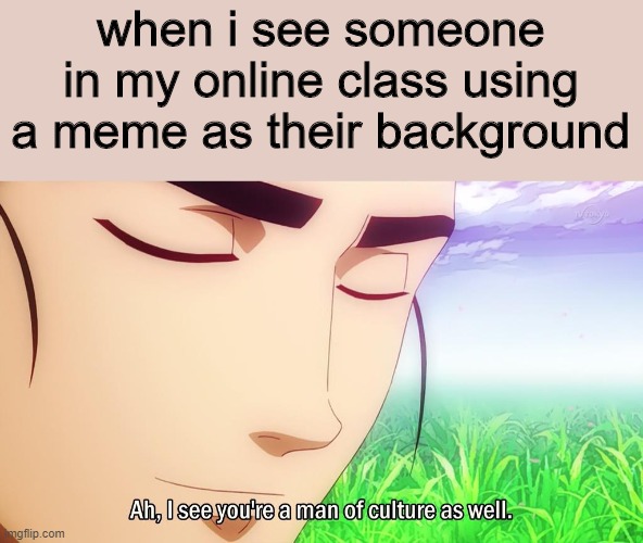 Relatable online school meme..? | when i see someone in my online class using a meme as their background | image tagged in ah i see,memes,ah i see you are a man of culture as well,lol,school,funny | made w/ Imgflip meme maker