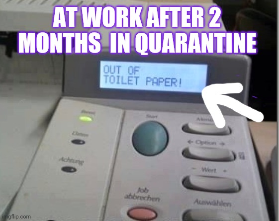 work after Quarantine | AT WORK AFTER 2 MONTHS  IN QUARANTINE | image tagged in printer,quarantine,toilet paper | made w/ Imgflip meme maker