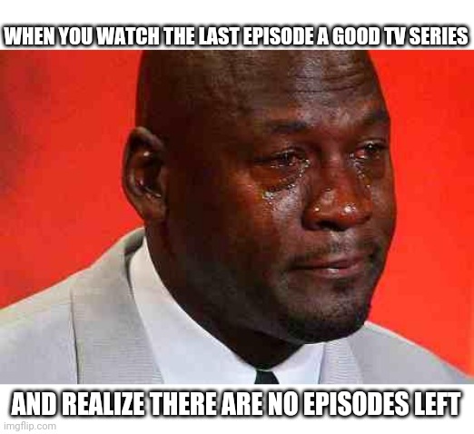 crying michael jordan | WHEN YOU WATCH THE LAST EPISODE A GOOD TV SERIES; AND REALIZE THERE ARE NO EPISODES LEFT | image tagged in crying michael jordan | made w/ Imgflip meme maker