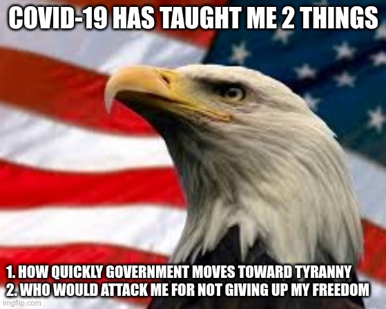 What side are you on?  Tyranny or Freedom? | COVID-19 HAS TAUGHT ME 2 THINGS; 1. HOW QUICKLY GOVERNMENT MOVES TOWARD TYRANNY

2. WHO WOULD ATTACK ME FOR NOT GIVING UP MY FREEDOM | image tagged in murica patriotic eagle | made w/ Imgflip meme maker