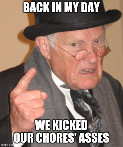 Back In My Day Meme | BACK IN MY DAY WE KICKED OUR CHORES' ASSES | image tagged in memes,back in my day | made w/ Imgflip meme maker