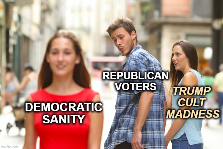 Will the Last of the Trumptards please turn off the lights? | REPUBLICAN
VOTERS; TRUMP 
CULT 
MADNESS; DEMOCRATIC
SANITY | image tagged in memes,distracted boyfriend,trump,madness,nuts,insanity | made w/ Imgflip meme maker