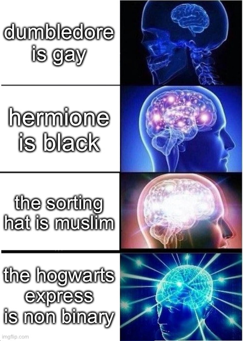 Expanding Brain Meme | dumbledore is gay; hermione is black; the sorting hat is muslim; the hogwarts express is non binary | image tagged in memes,expanding brain | made w/ Imgflip meme maker