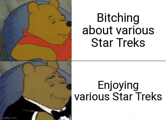 Tuxedo Winnie The Pooh | Bitching about various Star Treks; Enjoying various Star Treks | image tagged in memes,tuxedo winnie the pooh,star trek | made w/ Imgflip meme maker