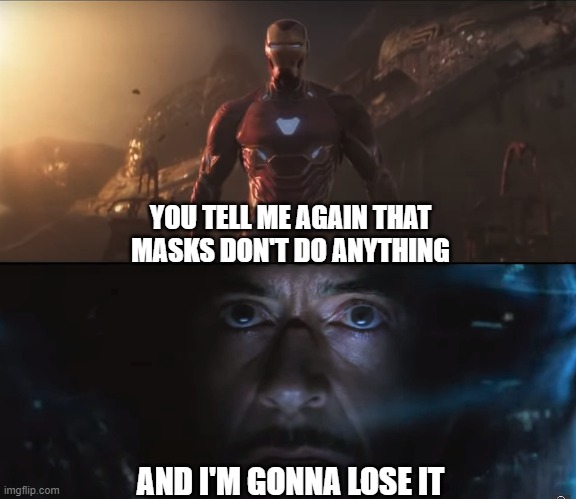 Masks work | YOU TELL ME AGAIN THAT MASKS DON'T DO ANYTHING; AND I'M GONNA LOSE IT | image tagged in iron man | made w/ Imgflip meme maker