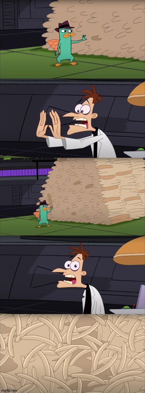 Perry & Doof Hotdog tsunami | image tagged in perry  doof hotdog tsunami | made w/ Imgflip meme maker
