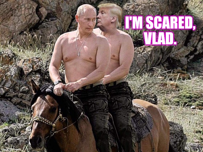 Putin Trump on Horse | I'M SCARED,
VLAD. | image tagged in putin trump on horse | made w/ Imgflip meme maker