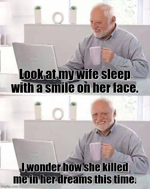 Hide the Pain Harold Meme | Look at my wife sleep with a smile on her face. I wonder how she killed me in her dreams this time. | image tagged in hide the pain harold,smile,dreams,sleeping,wife,marriage | made w/ Imgflip meme maker