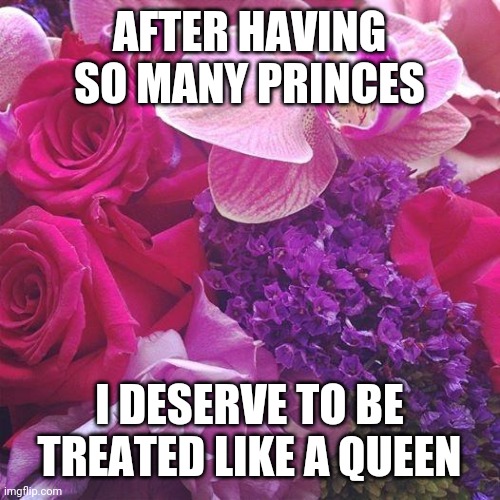 Flowers | AFTER HAVING SO MANY PRINCES; I DESERVE TO BE TREATED LIKE A QUEEN | image tagged in flowers | made w/ Imgflip meme maker