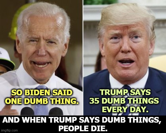 Trump called Haiti "a sh*thole country." He's still the racist in this race. | TRUMP SAYS 35 DUMB THINGS 
EVERY DAY. SO BIDEN SAID ONE DUMB THING. AND WHEN TRUMP SAYS DUMB THINGS, 
PEOPLE DIE. | image tagged in biden trump,biden,trump,racist,black | made w/ Imgflip meme maker
