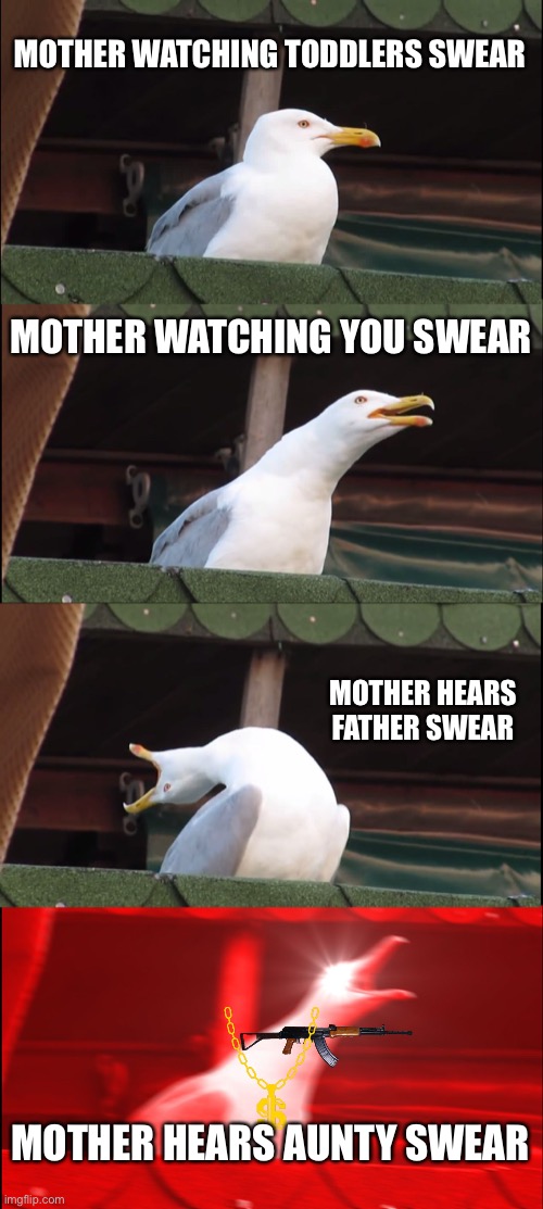 Inhaling Seagull | MOTHER WATCHING TODDLERS SWEAR; MOTHER WATCHING YOU SWEAR; MOTHER HEARS FATHER SWEAR; MOTHER HEARS AUNTY SWEAR | image tagged in memes,inhaling seagull | made w/ Imgflip meme maker