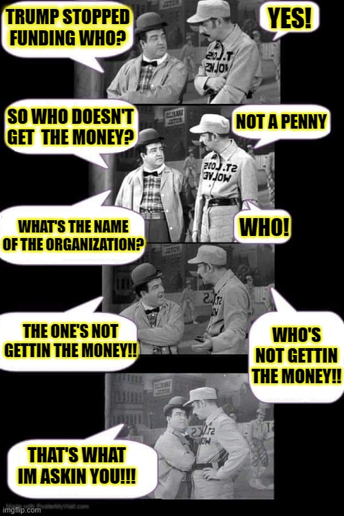 Who's not gettin the money?!!!! | YES! TRUMP STOPPED FUNDING WHO? NOT A PENNY; SO WHO DOESN'T GET  THE MONEY? WHAT'S THE NAME OF THE ORGANIZATION? WHO! THE ONE'S NOT GETTIN THE MONEY!! WHO'S NOT GETTIN THE MONEY!! THAT'S WHAT IM ASKIN YOU!!! | image tagged in trump,funny,coronavirus,memes,covid19,abbott and costello | made w/ Imgflip meme maker