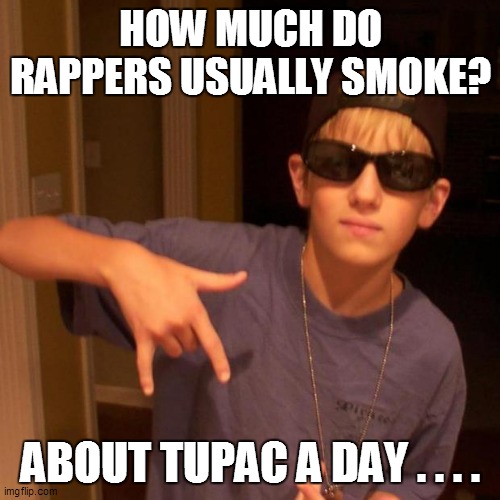 rapper nick | HOW MUCH DO RAPPERS USUALLY SMOKE? ABOUT TUPAC A DAY . . . . | image tagged in funny,fun,funny memes,funny meme,bad pun,lol | made w/ Imgflip meme maker