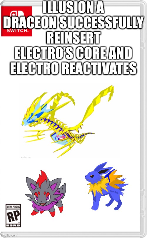 Battle part 2 | ILLUSION A DRACEON SUCCESSFULLY REINSERT ELECTRO’S CORE AND ELECTRO REACTIVATES | image tagged in nintendo switch cartridge case | made w/ Imgflip meme maker