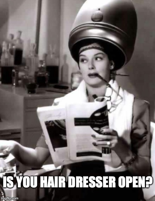 Trip to the hair salon | IS YOU HAIR DRESSER OPEN? | image tagged in rosslyn russel,hair salon | made w/ Imgflip meme maker
