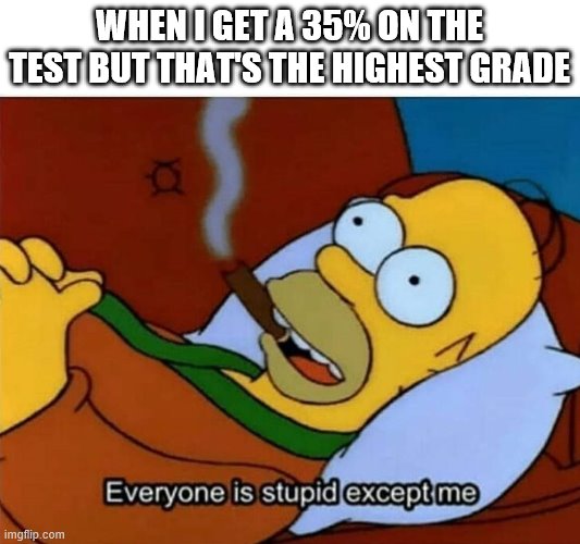 Everyone is stupid except me | WHEN I GET A 35% ON THE TEST BUT THAT'S THE HIGHEST GRADE | image tagged in everyone is stupid except me | made w/ Imgflip meme maker